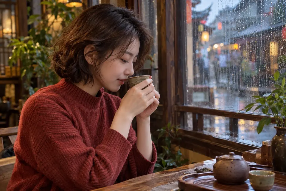 窗边陶杯茶饮与雨天氛围示意