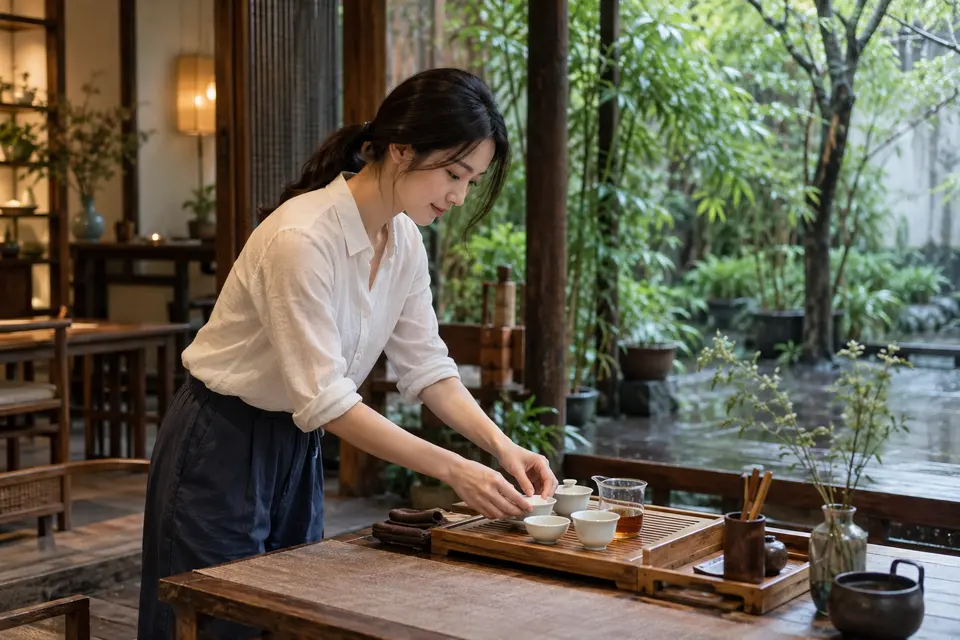 庭院茶席布置与盖碗茶具示意